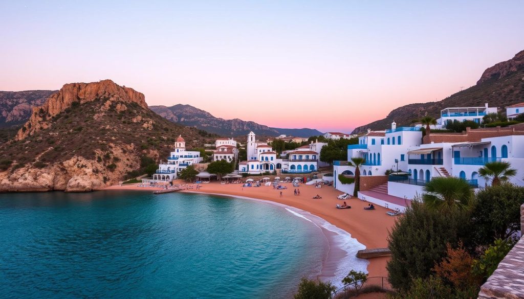 A serene seaside resort nestled along the picturesque coastline of Furka, Greece. Golden sand beaches framed by towering cliffs and lush Mediterranean foliage. Turquoise waters gently lapping the shore, inviting visitors to swim and bask in the warm sunshine. In the distance, traditional Greek-style buildings with whitewashed walls and vibrant blue accents dot the landscape, exuding a sense of tranquility. Overhead, a clear sky transitioning from soft pastels at dusk to a tapestry of twinkling stars, creating an enchanting atmosphere for a peaceful evening stroll. The scene is captured through the lens of a medium-format camera, highlighting the serene beauty and timeless charm of this picturesque resort.