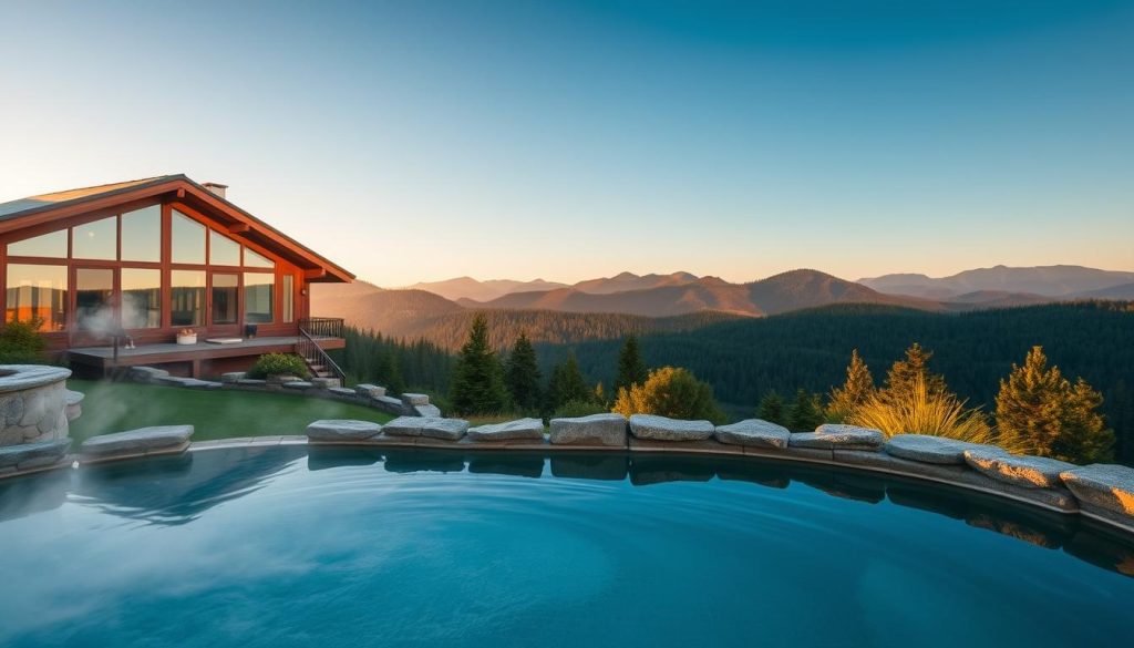 A serene spa resort nestled in the picturesque Carpathian mountains. In the foreground, a tranquil mineral pool with steam rising gently, surrounded by natural stone and lush greenery. The middle ground features a modern yet rustic spa pavilion with large windows overlooking the mountains. In the background, rolling hills dotted with evergreen forests and a clear blue sky, bathed in warm, golden-hour lighting. The atmosphere is one of relaxation and rejuvenation, perfectly suited for a luxurious mountain retreat.