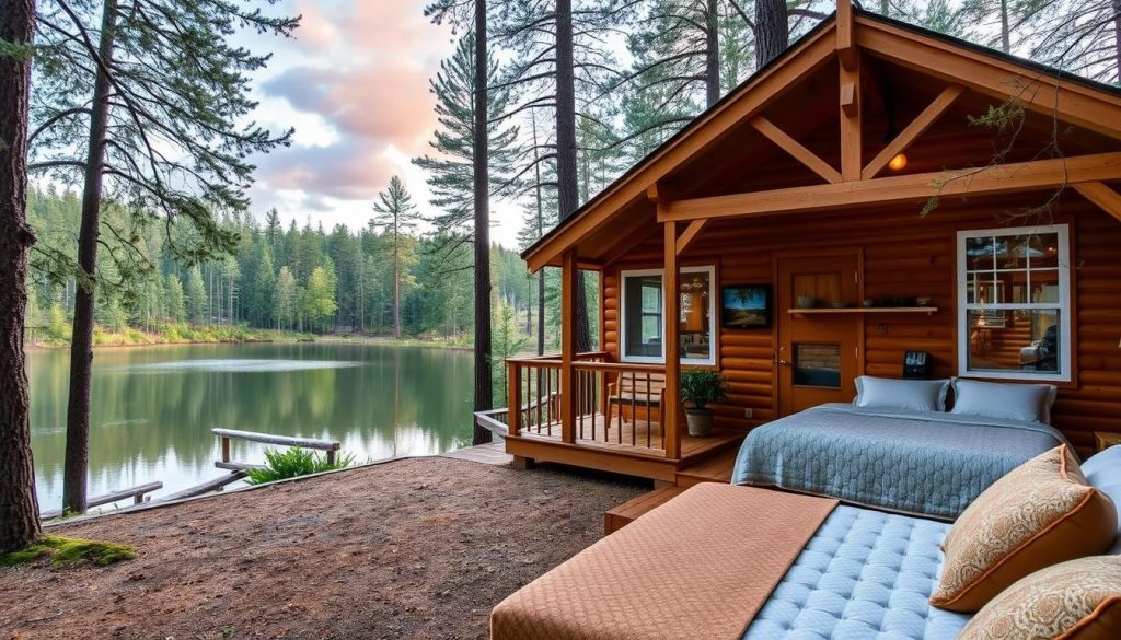 A serene weekend getaway with a cozy cabin nestled in a lush forest landscape. The cabin has a warm, inviting exterior with a rustic wooden facade and a charming porch overlooking a tranquil lake. The interior is filled with natural light, featuring a comfortable living area, a well-equipped kitchenette, and a plush bed for a restful weekend escape. The scene conveys a sense of relaxation and rejuvenation, with the lake reflecting the surrounding trees and the sky filled with soft, diffused lighting, creating a peaceful and picturesque atmosphere.