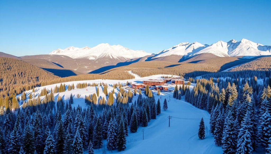 A snow-covered alpine landscape in Bukovel, Ukraine, during the peak ski season. The foreground features a wide, groomed ski slope winding through a dense forest of pine and fir trees. The middle ground showcases a cluster of modern ski chalets and lodges, their roofs dusted with a layer of fresh snow. In the background, the majestic Carpathian Mountains rise up, their jagged peaks cutting a dramatic silhouette against a crisp, azure sky. The scene is illuminated by warm, directional sunlight, casting long shadows and creating a sense of depth and dimension. The overall atmosphere is one of tranquility and winter splendor, inviting viewers to envision the thrill of carving fresh tracks down the pristine slopes of Bukovel.