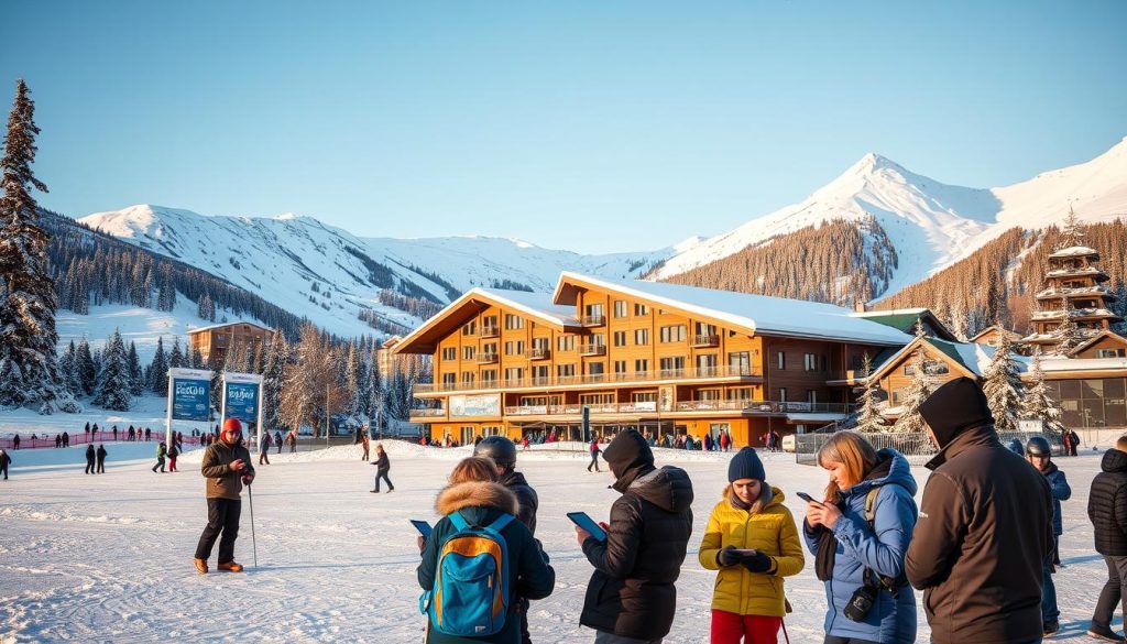 A snowy landscape of the Bukovel ski resort in Ukraine, with a focus on the "Акции и бронирование" (Promotions and Booking) section. In the foreground, a group of skiers and snowboarders explore the various packages and discounts available, consulting their smartphones and tablets. In the middle ground, a modern, well-equipped ski lodge stands, its facade adorned with promotional banners and signage. In the background, the majestic snow-capped mountains create a serene and inviting atmosphere, hinting at the region's natural beauty and the allure of the ski resort experience. The scene is bathed in a warm, golden light, conveying a sense of comfort and opportunity for savings on the perfect winter getaway.