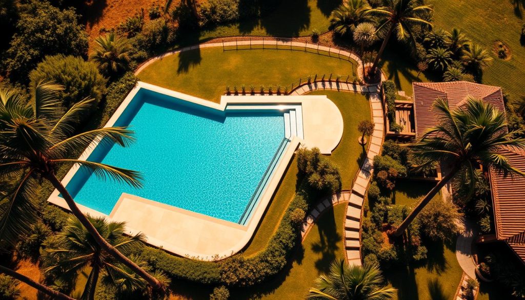 A stunning aerial view of a luxurious countryside estate, showcasing a meticulously designed infinity pool nestled amidst lush greenery. The pool's crystal-clear turquoise waters reflect the azure sky, while its sleek geometric lines create a harmonious contrast with the surrounding nature. Tall swaying palm trees and manicured gardens frame the scene, exuding a serene and tranquil ambiance. The image is captured with a wide-angle lens, accentuating the expansive scale of the property and the pool's seamless integration with the idyllic countryside landscape. Warm, golden sunlight bathes the scene, creating a inviting and rejuvenating atmosphere, perfect for a luxurious countryside retreat.