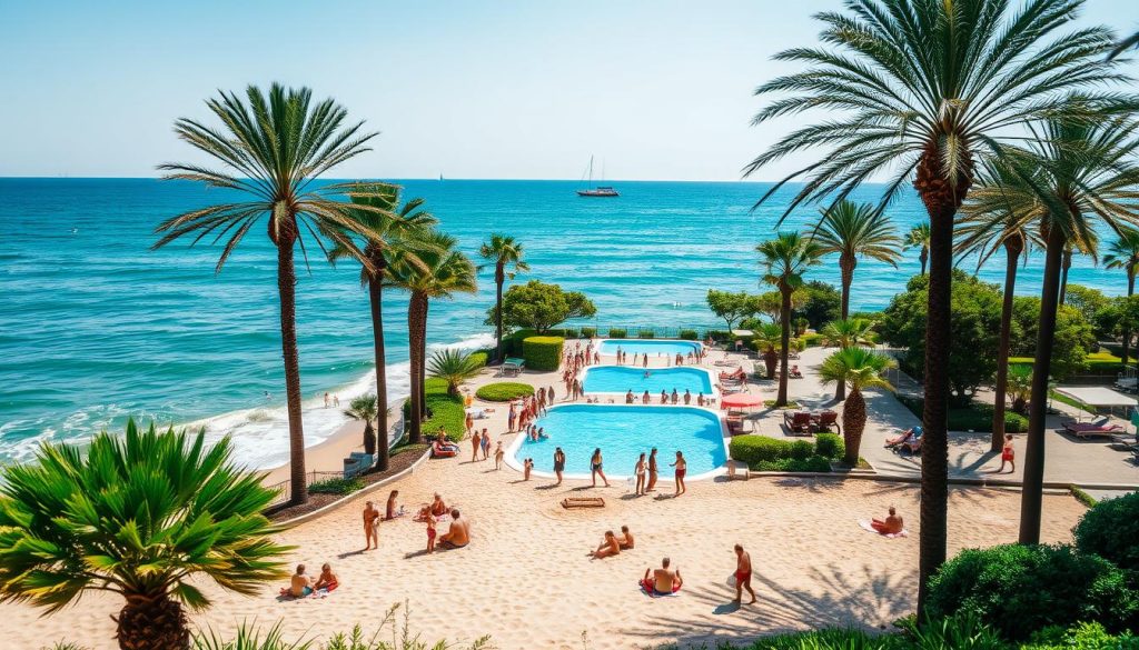 A stunning beach scene along the azure shores of the Black Sea, with rolling waves lapping against the golden sands. In the foreground, families enjoy the warm, shallow waters, children splashing and building sandcastles. Towering palm trees sway gently in the soft, coastal breeze, casting dappled shadows across the relaxed sunbathers. In the middle ground, a large, inviting swimming pool is surrounded by lush, verdant landscaping, offering a refreshing alternative to the sea. The distant horizon is dotted with the silhouettes of sailboats, their white sails reflecting the bright, cloudless sky. The overall atmosphere exudes a sense of tranquility and pure, seaside bliss.
