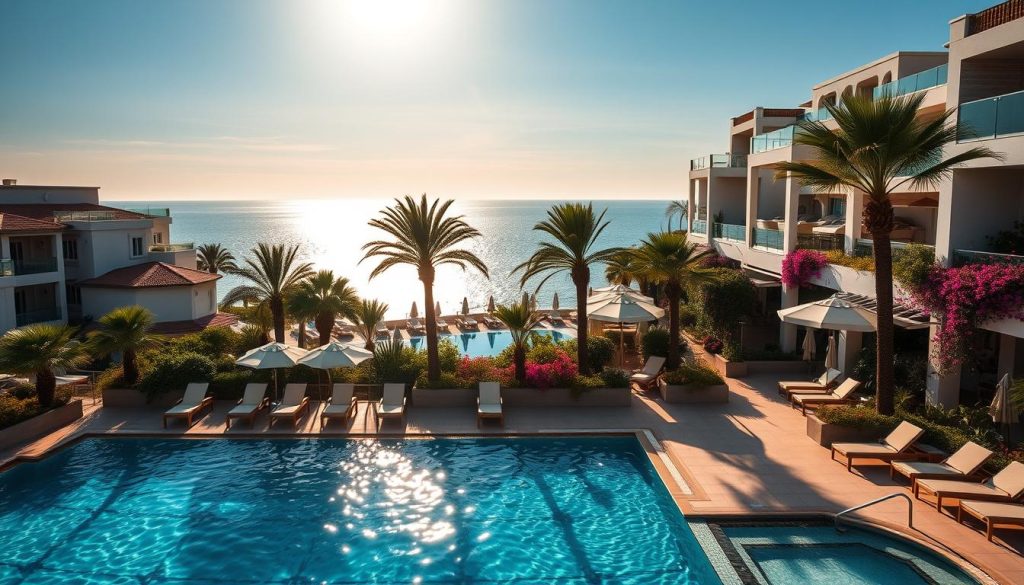 A stunning seaside resort in Odesa, Ukraine, featuring a luxurious outdoor pool overlooking the glistening Black Sea. The pool area is surrounded by modern, elegant hotels with chic Mediterranean-inspired architecture, inviting guests to soak up the sun and relish the stunning views. Sunlight dances on the water's surface, creating a mesmerizing play of light and shadow. Lush palm trees and vibrant foliage add a touch of tropical ambiance, while plush lounge chairs and umbrellas beckon visitors to relax and unwind. The scene exudes a sense of tranquility and indulgence, perfectly capturing the allure of a beach vacation with the added bonus of a refreshing pool to cool off in.