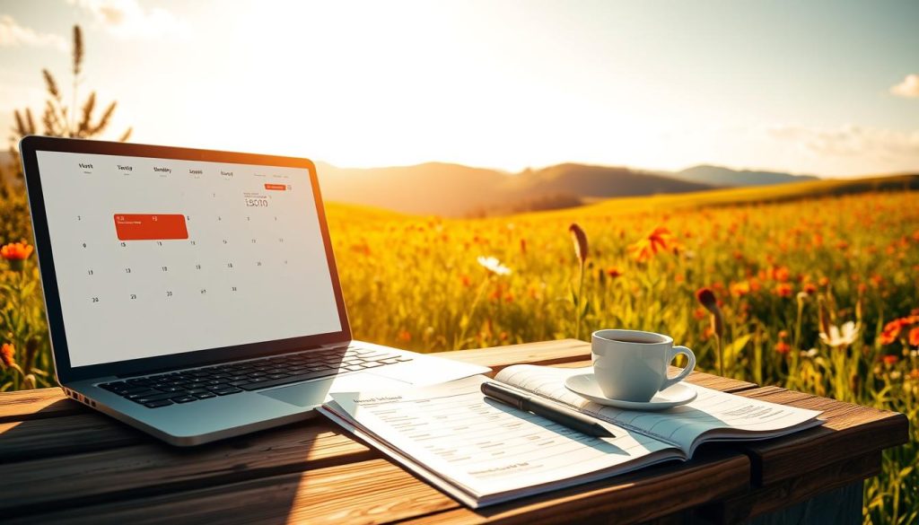 A sun-dappled meadow with rolling hills in the distance, dotted with vibrant wildflowers. In the foreground, a sleek laptop displays a calendar with upcoming travel dates highlighted in bold. Nearby, a printed travel itinerary rests on a wooden table, alongside a cup of steaming coffee and a pen. The scene evokes a sense of organization, anticipation, and the promise of adventure. The lighting is warm and inviting, casting a golden glow over the entire composition. The angle is slightly elevated, giving the viewer a sense of overview and control over the scene.