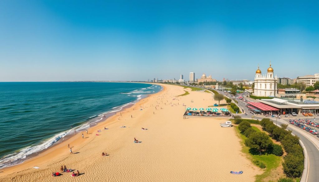 A sun-drenched panorama of Odessa's finest beaches, stretching along the sparkling Black Sea coast. In the foreground, sun-kissed beachgoers bask on the golden sands, enjoying the gentle lapping of the waves. The middle ground reveals a lively promenade, bustling with seaside cafes, colorful umbrellas, and the occasional street performer. In the distance, the iconic Odessa skyline rises, its elegant architecture and domes catching the warm glow of the afternoon light. The scene is imbued with a sense of relaxation and carefree summer bliss, perfectly capturing the essence of Odessa's renowned seaside resorts.