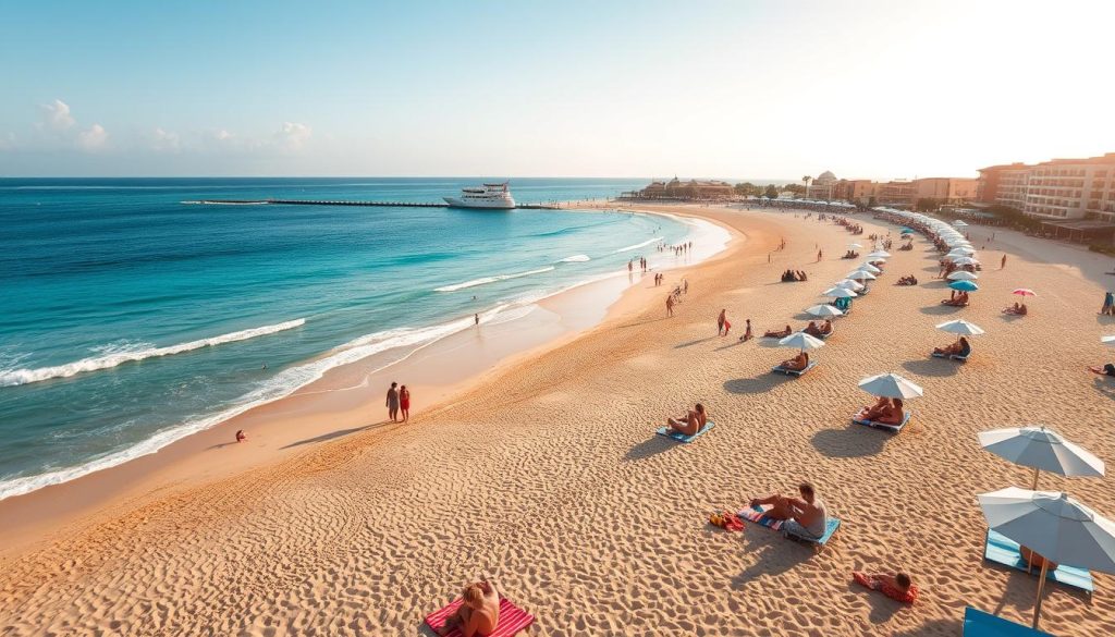 A sun-drenched seaside oasis, a pristine beach of golden sand stretching out before a gently lapping azure sea. Families frolic in the shallow waters, children building sandcastles, while sun-seekers lounge on colorful beach towels under the warm glow of a cloudless sky. Umbrellas and cabanas dot the shoreline, providing respite from the midday heat. In the distance, a bustling promenade lined with beachside cafes and lively entertainment venues. The air is filled with the scent of sunscreen and the laughter of vacationers reveling in the seaside splendor of this all-inclusive coastal oasis.