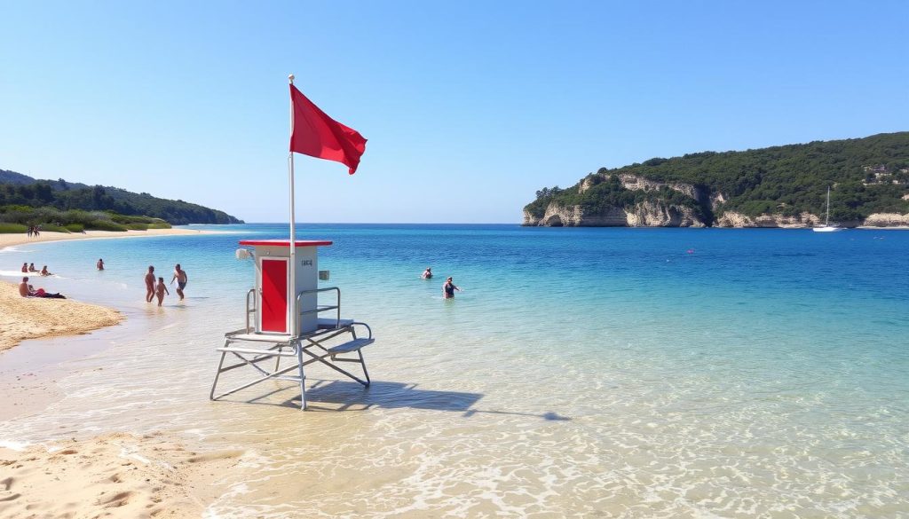 A tranquil beach scene on the coast of Ukraine, with crystal-clear azure waters lapping gently against the golden sand. In the foreground, a lifeguard station stands vigilant, its red flag fluttering in the gentle breeze, signaling the safe swimming area. Swimmers and sunbathers dot the shoreline, enjoying the warm sun and serene atmosphere. In the middle ground, a few beachgoers can be seen wading in the shallows, while further out, a lone sailboat glides across the horizon. The background features verdant cliffs and lush vegetation, creating a picturesque and calming setting that evokes a sense of safety and relaxation.