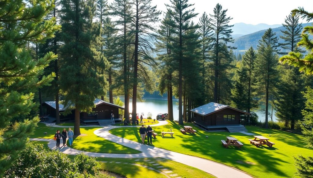 A tranquil nature retreat nestled in the lush greenery of the Kryvyi Rih region. A modern, eco-friendly resort with cozy cabins, surrounded by towering pine trees and a serene lake. Sunlight filters through the foliage, casting a warm glow on the wooden structures. In the foreground, a group of visitors strolling along a winding path, taking in the peaceful ambiance. The middle ground features a well-maintained lawn, dotted with picnic tables and a children's play area. In the background, the silhouettes of distant hills create a picturesque backdrop. The scene conveys a sense of tranquility and connection with nature, perfect for a rejuvenating getaway.