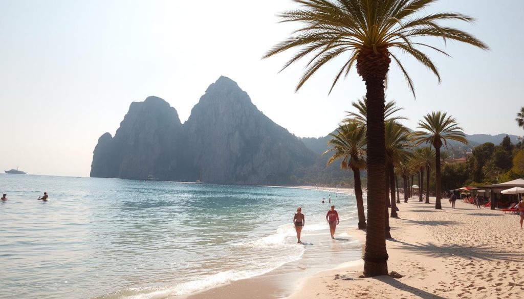 A tranquil seaside vista with crystal-clear waters lapping against a pristine sandy beach. Lush palm trees sway gently in a warm coastal breeze, casting long shadows across the idyllic scene. Towering cliffs rise up in the distance, their rocky faces softened by a hazy, golden afternoon light. Beachgoers stroll leisurely along the shore, taking in the serene beauty of this picturesque Mediterranean setting. The overall mood is one of relaxation and natural splendor, perfectly capturing the essence of a popular Ukrainian seaside destination.
