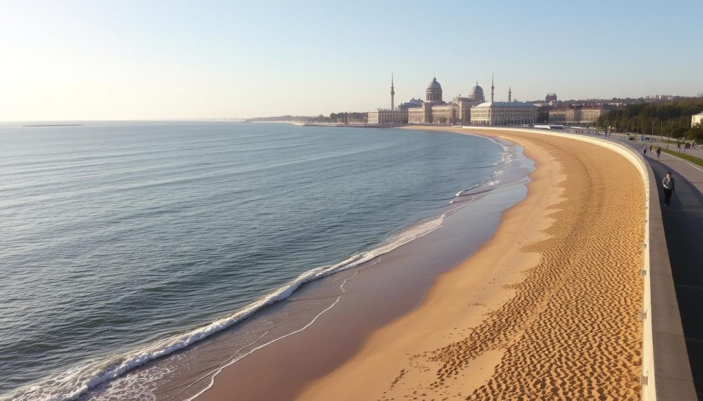 A vast, pristine beach stretches along the horizon, the gentle waves of the Black Sea lapping at the golden sand. In the foreground, people stroll along the Trassa Zdorovya, a scenic promenade overlooking the water. The sun casts a warm, golden glow over the scene, creating a serene and inviting atmosphere. In the distance, the iconic architecture of Odessa's historical center rises up, a testament to the city's rich cultural heritage. The image captures the essence of relaxation and rejuvenation that the Odessa coastline offers to visitors, inviting them to immerse themselves in the beauty and tranquility of the seaside.