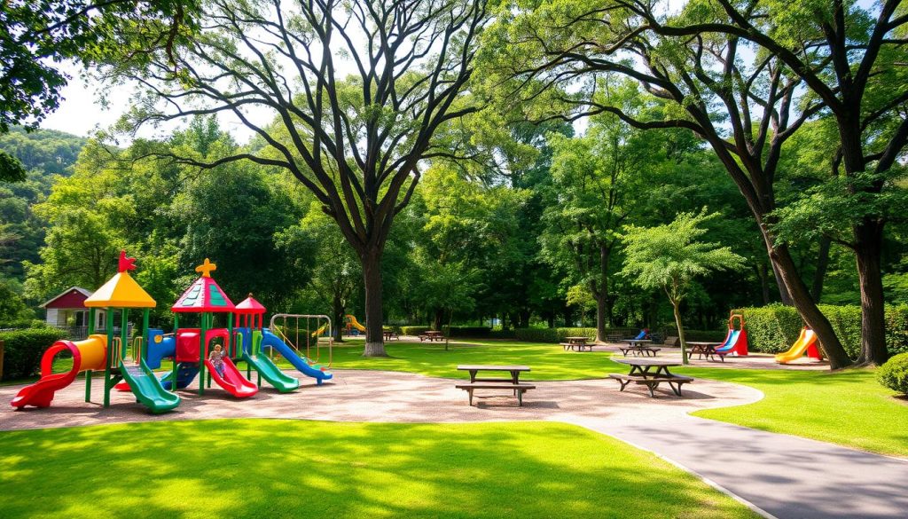 A vibrant and welcoming children's playground set against a lush, verdant landscape. In the foreground, an array of colorful play equipment, including slides, swings, and climbing structures, inviting young adventurers to explore and have fun. The middle ground features a soft, grassy area dotted with benches and picnic tables, providing a comfortable space for families to relax and enjoy the surroundings. In the background, towering trees create a natural canopy, casting a warm, dappled light across the scene. The atmosphere is one of safety, joy, and the carefree spirit of childhood, perfect for a family-friendly vacation getaway.