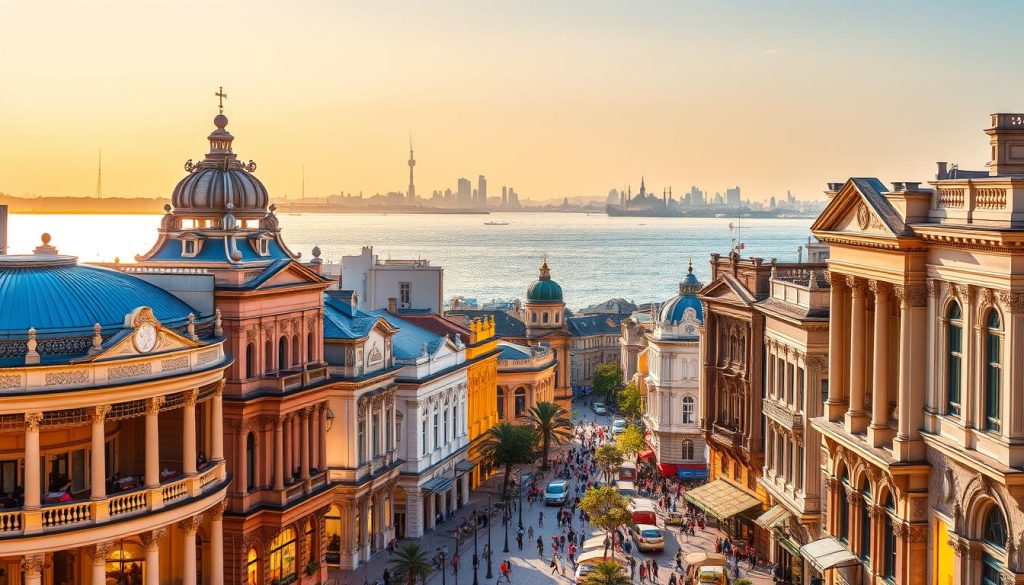 A vibrant cityscape showcasing the architectural gems of Odessa, Ukraine. In the foreground, the grand facades of iconic theaters and museums stand tall, their ornate details illuminated by warm, ambient lighting. The middle ground features bustling pedestrian streets lined with cafes, boutiques, and lively crowds enjoying the city's cultural offerings. In the background, the glistening Black Sea serves as a breathtaking backdrop, with the city's distinctive skyline framed by a golden sunset. The overall scene conveys the rich artistic and historical heritage of Odessa, inviting the viewer to explore its diverse array of entertainment and enrichment opportunities.