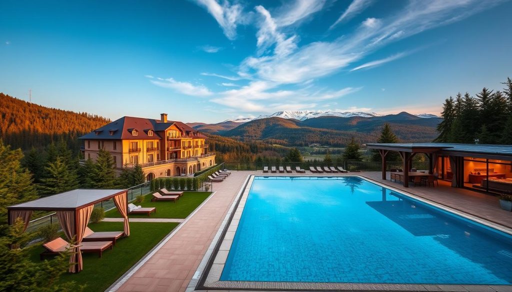An elegant hotel nestled in the lush Carpathian mountains, surrounded by verdant forests and rolling hills. The building's timeless architecture blends seamlessly with the natural landscape, exuding a warm, inviting atmosphere. In the foreground, a sparkling outdoor pool reflects the azure sky, inviting guests to relax and unwind. Sumptuous cabanas and plush loungers line the poolside, creating an oasis of tranquility. The middle ground features a terrace with cozy seating areas, where visitors can enjoy panoramic views of the scenic Zakarpattia region. In the background, snow-capped peaks and dense woodlands create a breathtaking backdrop, evoking a sense of adventure and escape. Soft, natural lighting illuminates the scene, casting a golden glow and creating a serene, rejuvenating ambiance.