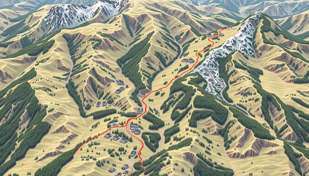 An intricately detailed topographical map, showcasing the winding roads and scenic vistas leading to the renowned Bukovel resort. The landscape is rendered with vivid clarity, capturing rolling hills, lush forests, and the occasional quaint village nestled in the valleys. The map is presented in a muted, earthy color palette, evoking a sense of tranquility and adventure. The viewer's eye is drawn along the highlighted route, guiding them through the picturesque countryside towards the ultimate destination - the snow-capped peaks and ski slopes of the Bukovel resort. The map is presented in an isometric perspective, allowing for a comprehensive overview of the journey, while maintaining a sense of depth and dimensionality.