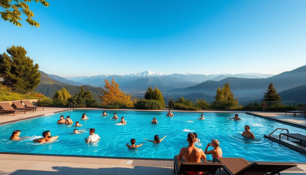 An open-air swimming pool nestled amidst the majestic Carpathian mountains, with a breathtaking panoramic view. The pool is heated, inviting guests to enjoy a refreshing dip even on cooler days, surrounded by lush greenery and serene ambiance. In the foreground, families and children splash and play in the clear, azure waters, while sunbathers relax on the poolside loungers. Warm, natural lighting bathes the scene, creating a sense of tranquility and rejuvenation. The middle ground features a modern, elegantly designed pool area with sleek tiled surfaces and well-appointed amenities. In the background, the awe-inspiring peaks of the Carpathians rise up, their snow-capped summits reaching towards the sky, creating a picturesque and idyllic retreat for those seeking a luxurious and scenic mountain getaway.
