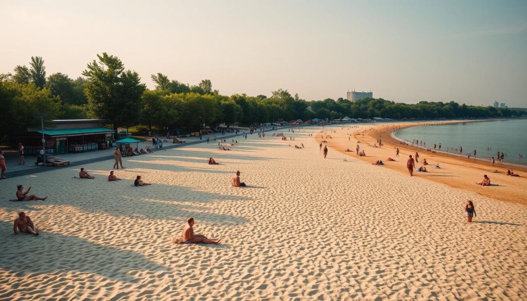 Центральный пляж Киева: a sun-drenched paradise on the banks of the Dnieper River. Soft golden sand, crystalline waters, and a vibrant atmosphere set the stage for a quintessential Ukrainian summer. Capture the scene with a wide-angle lens, showcasing the picturesque skyline and lush greenery in the background. Bathers soak up the rays, while beach-goers stroll along the promenade, enjoying the array of food stalls and entertainment options. Warm, diffused lighting casts a dreamy glow, creating a serene and inviting ambiance. Convey the energy and liveliness of this beloved urban oasis, a true destination for recreation, relaxation, and cultural immersion.