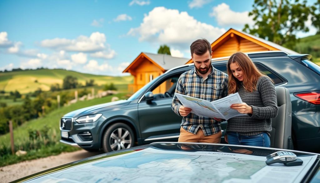 Detailed planning of a countryside getaway in Ukraine: a luxurious SUV parked in a picturesque rural landscape, surrounded by lush greenery and rolling hills. In the foreground, a couple is reviewing a map and making notes, their expressions focused and determined. The mid-ground features a cozy wooden cabin, its warm lighting and rustic charm inviting visitors. In the background, a clear blue sky with fluffy clouds sets the serene, relaxing mood. The lighting is soft and natural, creating a sense of tranquility and adventure. The overall composition captures the planning process for an exciting trip to a charming Ukrainian countryside retreat.