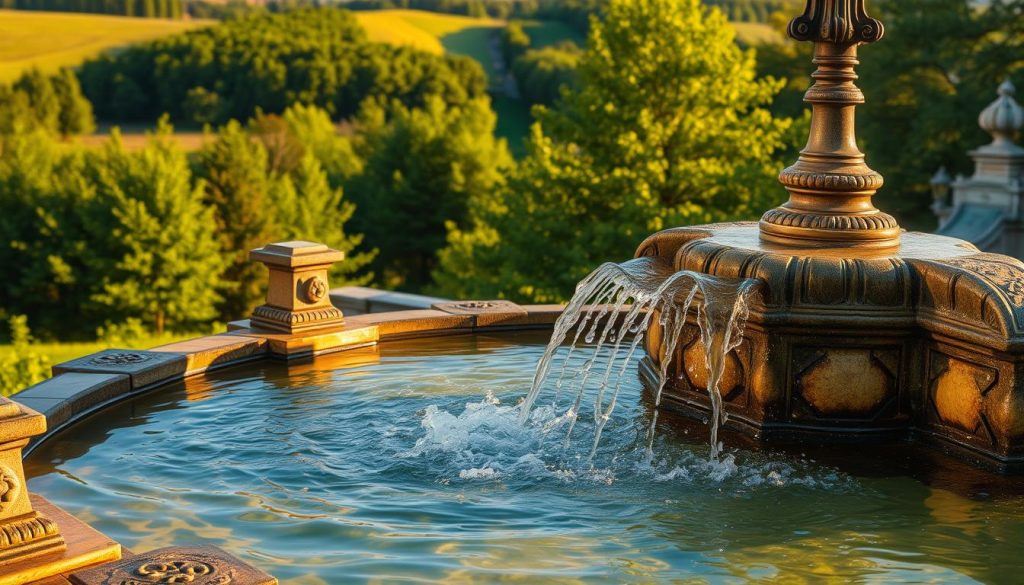 Mineral water spring in Truskavets, Ukraine. A lush, verdant landscape with rolling hills and dense foliage in the background. In the foreground, a natural stone fountain bubbling with crystal-clear mineral water, surrounded by ornate ironwork and decorative stone elements. The fountain is bathed in warm, golden sunlight, casting long shadows and creating a sense of tranquility and relaxation. The water cascades gently, its surface reflecting the surrounding greenery. The overall atmosphere evokes the restorative, therapeutic nature of Truskavets' renowned mineral water sources, such as the iconic "Naftusia" spring.
