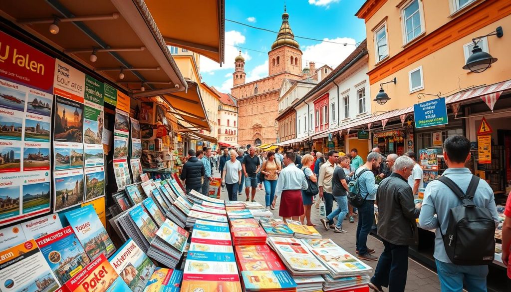 Panoramic view of a vibrant marketplace in Western Ukraine, showcasing an array of tour packages and travel deals for the year 2025. In the foreground, a colorful display of brochures, maps, and pricing information tempts passersby. The middle ground bustles with locals and tourists negotiating prices and booking their next adventure. Warm, natural lighting bathes the scene, creating a sense of inviting atmosphere. The background reveals the charming architecture of the region, hinting at the cultural richness that awaits the traveler. This dynamic and visually engaging image captures the essence of the "Prices and Special Offers 2025" section, enticing the viewer to explore the best places and deals for an unforgettable Western Ukraine getaway.