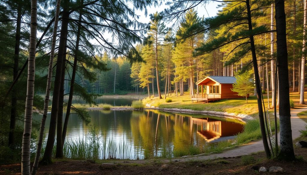 Peaceful lakeside retreat in the heart of the forest near Kyiv. Lush green pines and birches frame a serene pond with calm, reflective waters. Soft natural light filters through the canopy, casting a warm, golden glow. A well-appointed modern wooden cabin stands nestled among the trees, offering a perfect balance of rustic charm and contemporary comforts. Pathways wind through the scenic landscape, inviting leisurely strolls and outdoor activities. An idyllic escape from the city, this premier countryside complex provides the ultimate in relaxation and recreation.