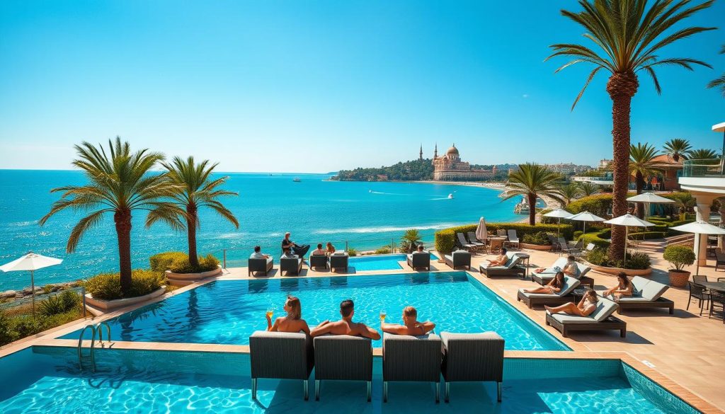 Prompt A luxurious hotel set against the backdrop of the Black Sea, with a sprawling outdoor pool overlooking the sparkling azure waters. Guests lounge on chic poolside furniture, sipping cocktails and soaking up the warm Mediterranean sun. The pool's crystal-clear waters reflect the gentle breeze and the vibrant colors of the surrounding palm trees and lush greenery. In the distance, the historic architecture of Odesa's city center can be seen, adding to the picturesque setting. The scene exudes a sense of relaxation and indulgence, perfectly capturing the essence of a seaside getaway with all the amenities of a high-end hotel.