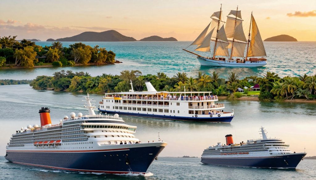 A beautiful collage showcasing various types of cruises. In the foreground, a luxurious ocean liner sails with gleaming decks and elegant passengers dressed in smart casual attire. In the middle ground, a vibrant river cruise ship glides past lush landscapes, with trees lining the banks and people enjoying the views from spacious balconies. Further back, an exotic sailing ship navigates turquoise waters, with sails billowing in the gentle breeze. The background features distant islands under a warm sunset sky, casting a golden glow on the scene. Emphasize a tranquil yet adventurous atmosphere, with soft, warm lighting to evoke a sense of relaxation and exploration. Use a wide-angle perspective to capture the grandeur of the vessels against the serene seascape.