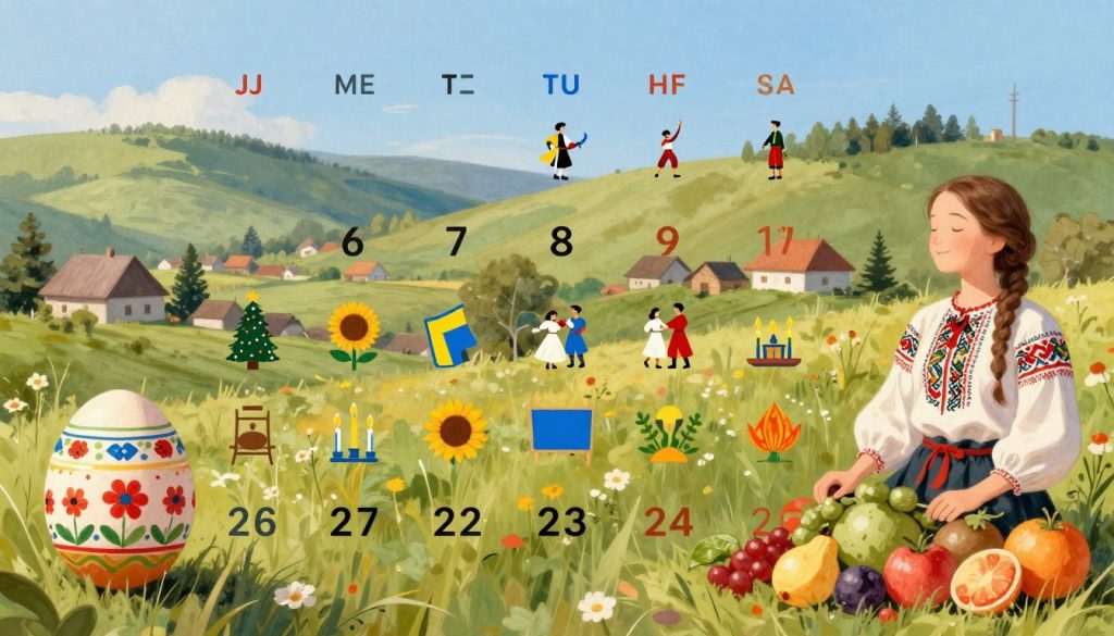 A beautifully illustrated calendar page depicting various local holidays and traditions in Ukraine. In the foreground, showcase traditional Ukrainian elements such as a decorated Easter egg, a colorful vyshyvanka (embroidered shirt), and a small pile of harvest fruits. The middle features vibrant, stylized icons representing major holidays like Christmas, Independence Day, and Ivan Kupala, each with unique motifs such as sunflowers, candles, and folk dancers. In the background, depict a quaint village landscape with green rolling hills, traditional houses, and a clear blue sky, creating a harmonious and festive atmosphere. Use warm, inviting lighting to enhance the celebratory mood, focusing on a realistic, painterly style.
