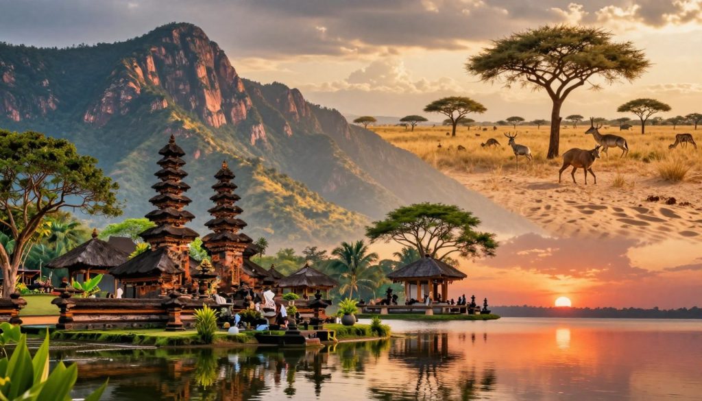 A captivating collage showcasing alternative travel destinations across Asia, America, and Africa. In the foreground, feature a serene Asian temple surrounded by lush greenery, with a tranquil water body reflecting the vibrant colors of sunset. In the middle ground, depict an inviting American national park with towering mountains and diverse wildlife, bathed in warm, golden light. In the background, illustrate the sands of an African savanna with acacia trees under a dramatic sky, hinting at distant wildlife. The scene should evoke a sense of adventure and tranquility, emphasizing the beauty and diversity of these regions. Use soft lighting to create an inviting atmosphere, and employ a wide-angle perspective to capture the grandeur of each destination. The image should be rich in color, inspiring wanderlust without any text or overlays.