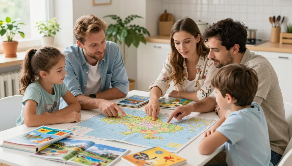 A colorful family planning a trip together at a dining table cluttered with maps, brochures, and travel books. In the foreground, a diverse family of four—two parents and two children—are actively engaged in discussion, pointing at a large, detailed map of Ukraine. The parents are dressed in casual contemporary clothing, with the father wearing a light blue shirt and the mother in a floral blouse. In the middle ground, travel guides depicting various Ukrainian attractions are spread out, enhancing the sense of planning. The background features a bright, cheerful kitchen setting with plants and sunlight streaming in through a window, creating a warm and inviting atmosphere. Capture the scene with soft, natural lighting to evoke a sense of excitement and anticipation for their upcoming adventures.