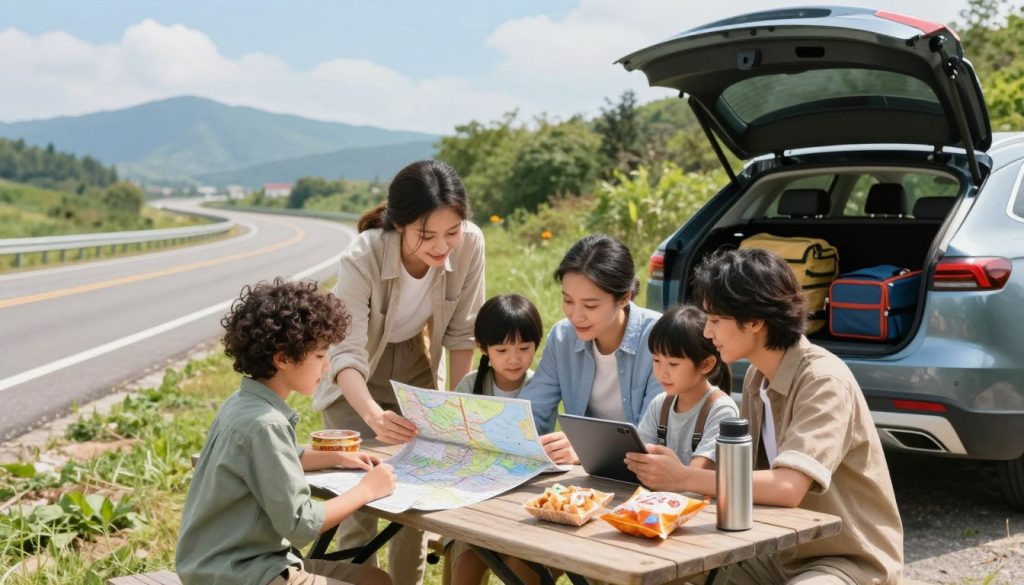 A cozy travel scene depicting a family planning their road trip stops, set at a picnic table by the roadside. In the foreground, a diverse family, dressed in casual yet neat clothing, checks a map and a travel app on a tablet, with an assortment of snacks and a thermos nearby. In the middle ground, a well-maintained car is parked, with luggage and travel gear visible in the open trunk. The background features a scenic highway winding through greenery and distant mountains under a bright blue sky, implying a sunny day. Soft, natural lighting enhances the cheerful, adventurous mood, while a slight depth of field directs focus on the family, capturing the joy of planning their journey.