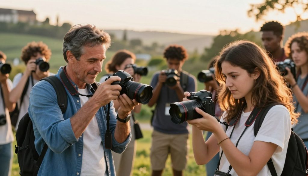 A dynamic scene capturing the advantages of photo tours and workshops, showcasing a diverse group of photographers of varying ethnicities, engaged in a vibrant outdoor setting. In the foreground, a middle-aged man in smart casual attire demonstrates camera techniques to a young woman, who is intently adjusting her camera settings. The middle ground features lush landscapes or picturesque architecture, hinting at an inspiring travel destination. In the background, soft golden-hour lighting bathes the scene, creating a warm and inviting atmosphere. Gentle bokeh effects enhance the depth, focusing on the interaction while subtly showcasing scenic views. The overall mood is collaborative and educational, radiating enthusiasm for the art of photography.