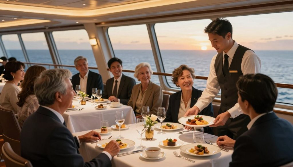 A luxurious dining scene on a cruise ship, showcasing elegantly set tables with fine china and sparkling glassware. In the foreground, a well-dressed waiter serves gourmet dishes, highlighting the attentive service onboard. In the middle, guests of diverse backgrounds enjoy their meals, engaged in cheerful conversation and laughter, dressed in smart casual attire suitable for an upscale dining experience. The background features panoramic windows revealing a stunning ocean view under a golden sunset, casting warm light across the scene. Soft ambient lighting enhances the inviting atmosphere, while the ship's interior reflects a blend of modern design and nautical elegance. Overall, the image captures the essence of dining and service on cruise liners, emphasizing indulgence and leisure.
