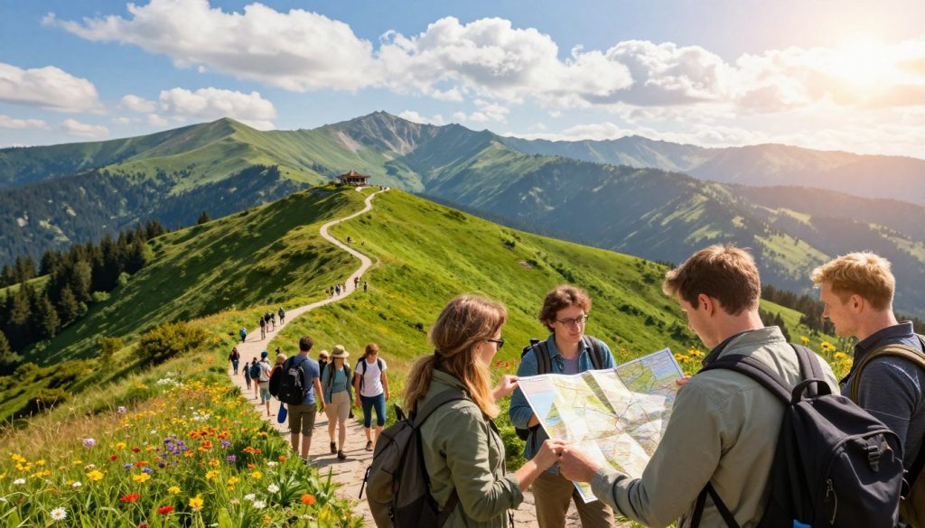 A picturesque landscape showcasing a variety of adventure tour routes in Ukraine. In the foreground, a diverse group of travelers in modest outdoor clothing examines a detailed map, discussing their next expedition. In the middle ground, a winding path leads through lush green hills, dotted with colorful wildflowers. Scenic viewpoints are framed by majestic mountains in the background, under a bright blue sky with fluffy white clouds. The lighting is warm and inviting, suggesting a perfect afternoon for exploration. Capture the excitement and camaraderie of adventure while emphasizing the natural beauty of Ukraine's landscapes. Use a wide-angle lens to create a sense of depth and immerse the viewer in this serene, adventurous atmosphere.