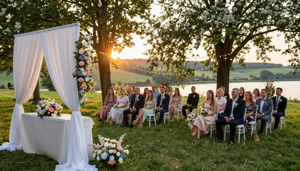 A picturesque outdoor wedding ceremony in Ukraine, set amidst lush greenery and flowering trees. In the foreground, a beautifully decorated altar with white drapes and floral arrangements in soft pastel colors. The middle ground features a group of elegantly dressed guests in modest formal attire, joyfully witnessing the ceremony. Delicate fairy lights are strung through the trees, creating a warm and romantic atmosphere as the sun begins to set, casting a golden glow over the scene. The background includes rolling hills and a serene lake, enhancing the tranquil, dreamy vibe. Capture this enchanting moment from a slightly elevated angle, with soft, diffused lighting to accentuate the emotions of love and celebration.