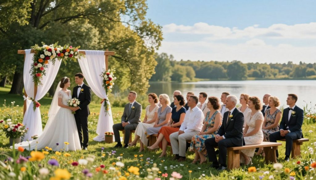 A picturesque outdoor wedding ceremony set in Ukraine, surrounded by lush greenery and blooming wildflowers. In the foreground, a couple in elegant wedding attire stands beneath a beautifully adorned archway, draped in white fabric and decorated with vibrant floral arrangements. The middle ground features guests seated on rustic wooden benches, all dressed in smart casual attire, warmly smiling and enjoying the moment. In the background, a serene lake reflects the clear blue sky, with soft sunlight filtering through the trees, casting a golden glow over the scene. Capture a warm, romantic atmosphere with a slightly blurred focus for a dreamy effect, emphasizing the love and joy of this special occasion. The image should be vibrant, inviting, and visually stunning.