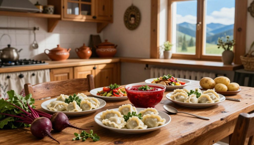 A picturesque spread of traditional Western Ukrainian cuisine, showcasing vibrant dishes like borscht, varenyky, and holodets, elegantly arranged on a rustic wooden table. In the foreground, include fresh ingredients like beets, potatoes, and herbs scattered casually to enhance the sense of authenticity. The middle ground features a charming farmhouse kitchen with wooden cabinets and traditional pottery, softly illuminated by warm, natural light. In the background, a scenic view of the Carpathian Mountains can be glimpsed through a window, under a clear blue sky. The mood is warm and inviting, celebrating the rich culinary traditions and culture of the region, evoking a sense of heritage and hospitality. The composition should have a slightly raised perspective, capturing the depth of the scene while maintaining focus on the food.