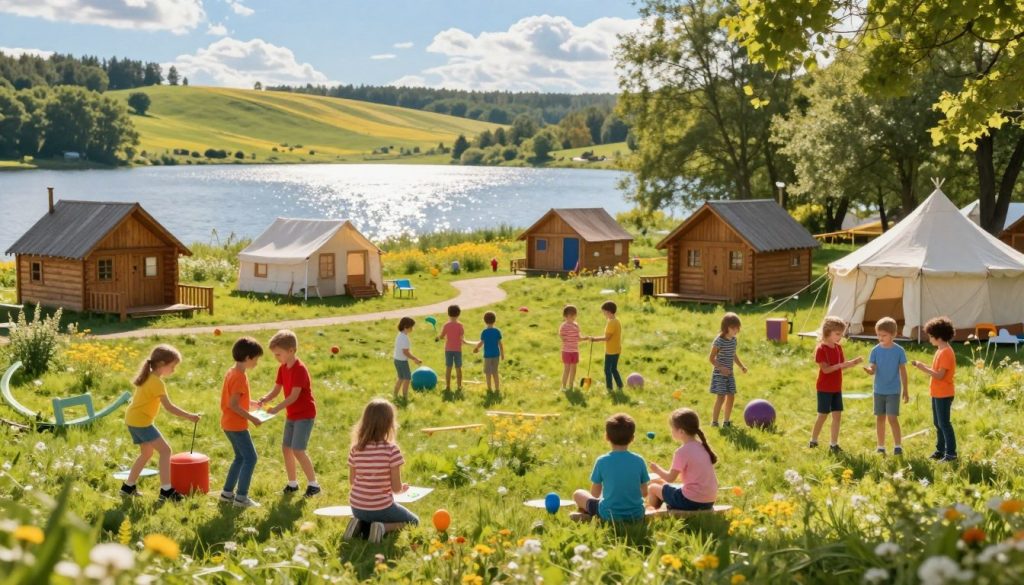 A picturesque summer scene showcasing the seasonality of children's recreation in Ukraine. In the foreground, a diverse group of children, dressed in colorful casual clothing, enjoys various outdoor activities such as playing games, painting, and engaging in sports. The middle ground features a charming children's camp with wooden cabins and tents, surrounded by vibrant greenery. In the background, a sparkling lake reflects the blue sky, framed by rolling hills dotted with wildflowers. Soft sunlight filters through the trees, casting gentle shadows and creating a warm, inviting atmosphere. The overall mood is joyful and lively, capturing the essence of seasonal children's holiday programs in a natural, serene environment.