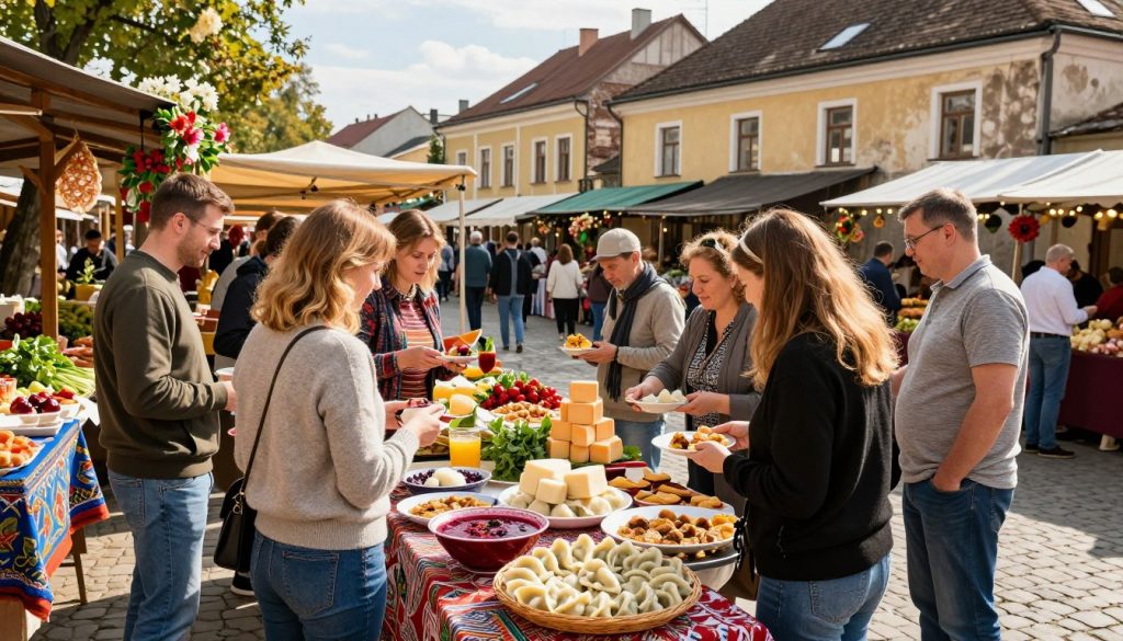 A picturesque Ukrainian food tour scene set in a vibrant outdoor market. In the foreground, a diverse group of travelers in modest casual clothing are sampling traditional dishes like borscht and varenyky from colorful stalls. The middle ground features local vendors joyfully showcasing fresh produce, artisan cheeses, and handmade pastries. The background showcases the charming architecture of a historic Ukrainian town, with cobblestone streets and blooming flowers. The scene is bathed in warm, golden sunlight, creating an inviting atmosphere. Capture a wide-angle view to emphasize the bustling market ambiance, highlighting both the delicious food and the joyful interactions of people exploring Ukrainian gastronomy. The overall mood is cheerful, inviting, and culturally rich, drawing viewers into the experience of culinary exploration in Ukraine.