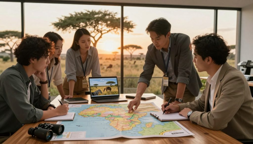 A professional planning scene for a safari tour, set in an office with a large map of Africa spread over a wooden table in the foreground. A diverse group of four individuals, dressed in smart casual attire, are discussing itinerary details; one points at the map while another takes notes on a notepad. In the middle ground, a laptop is open displaying images of wildlife and landscapes, alongside binoculars and a guidebook. In the background, large windows reveal a serene view of an African savannah at sunset, with silhouettes of acacia trees. Warm, golden lighting creates an inviting atmosphere, suggesting excitement and adventure in the air. The image conveys professionalism and enthusiasm for planning a unique safari experience.