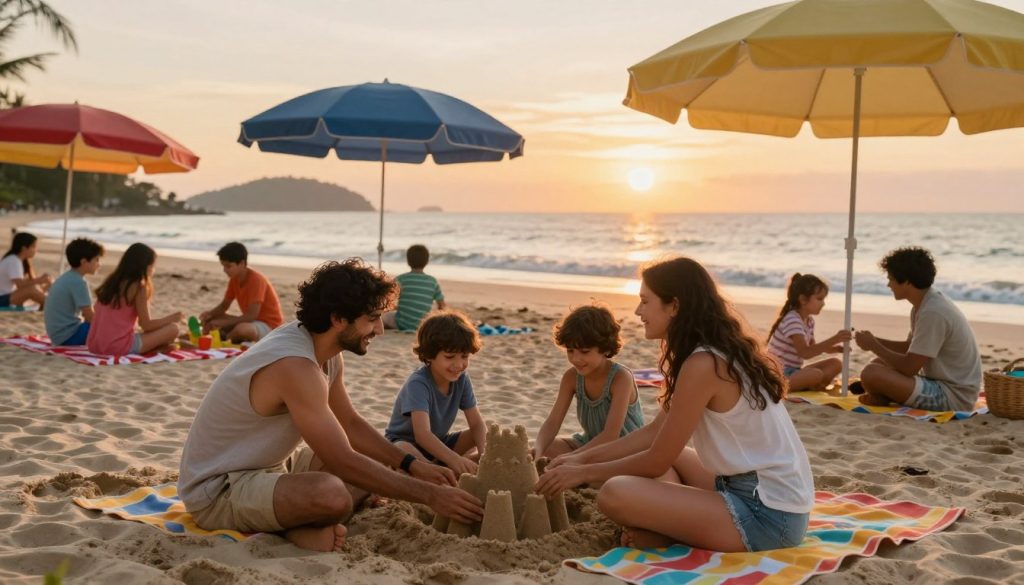 A romantic and family-friendly beach resort scene at sunset, showcasing a diverse family enjoying their time together. In the foreground, a couple with children builds a sandcastle, all dressed in modest beach attire, smiling and laughing. In the middle ground, vibrant beach umbrellas provide shade for families relaxing on colorful beach towels, some engaged in games while others share a meal. The background features gentle waves lapping at the shore, with distant islands silhouetted against the warm hues of the sunset sky. The soft golden light bathes the scene, creating an inviting and tranquil atmosphere. The angle is slightly elevated to capture the entire setting, emphasizing the joy of both romance and family bonding.