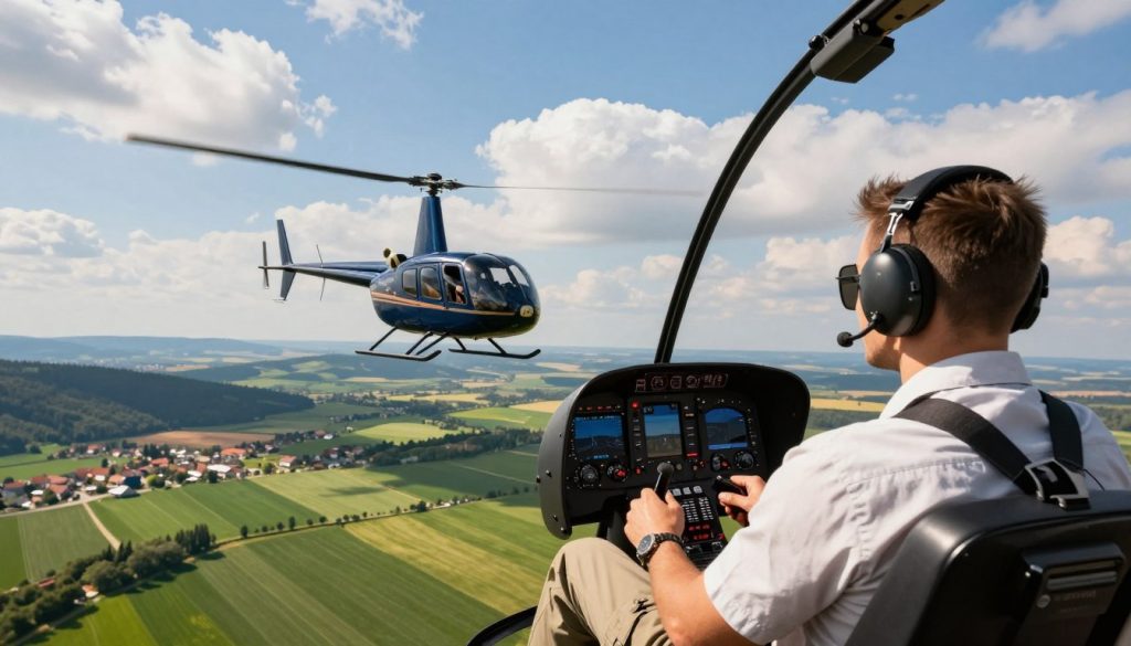 A scenic helicopter flight over the stunning landscapes of Ukraine, showcasing a vibrant sky, fluffy clouds, and lush green fields below. In the foreground, depict a confident helicopter pilot in professional attire, wearing a headset and focused on the controls. The helicopter’s cockpit features high-tech instruments and displays, highlighting the safety measures in aviation. In the middle ground, illustrate the helicopter gliding smoothly, capturing a sense of motion and safety during the flight. The background reveals rolling hills and the distant outline of a quaint village, bathed in warm sunlight, evoking a serene and adventurous atmosphere. The overall mood should convey safety, excitement, and the beauty of aerial views, with bright and clear lighting emphasizing the details in the scene.