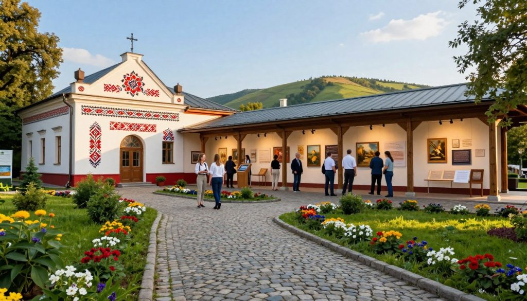 A scenic view illustrating thematic museum routes in Ukraine, showcasing iconic architectural landmarks typical of Ukrainian culture. In the foreground, a well-maintained cobblestone path lined with lush greenery and colorful flowers, leading to a vibrant museum building adorned with traditional Ukrainian patterns. In the middle ground, friendly visitors dressed in professional casual attire explore interactive exhibits, engaging with art and history. The background features rolling hills under a clear blue sky, with soft sunlight casting warm, inviting light on the scene. The atmosphere is lively and welcoming, emphasizing the cultural significance and educational value of these unique museum routes.