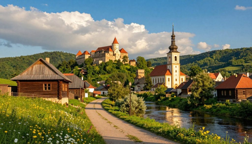 A scenic view of Western Ukraine’s historic architecture, showcasing a picturesque landscape that includes a charming village with rustic wooden houses and classic stone churches. In the foreground, a winding pathway leads through blooming wildflowers, inviting viewers to explore further. The middle ground features an ancient castle perched on a hill, surrounded by lush green forests, while a tranquil river flows nearby, reflecting the clear blue sky. In the background, dramatic cloud formations create an expressive atmosphere, illuminated by warm, golden sunlight that casts soft shadows. The overall mood is serene and enchanting, transporting viewers to a place rich in history and architectural beauty.