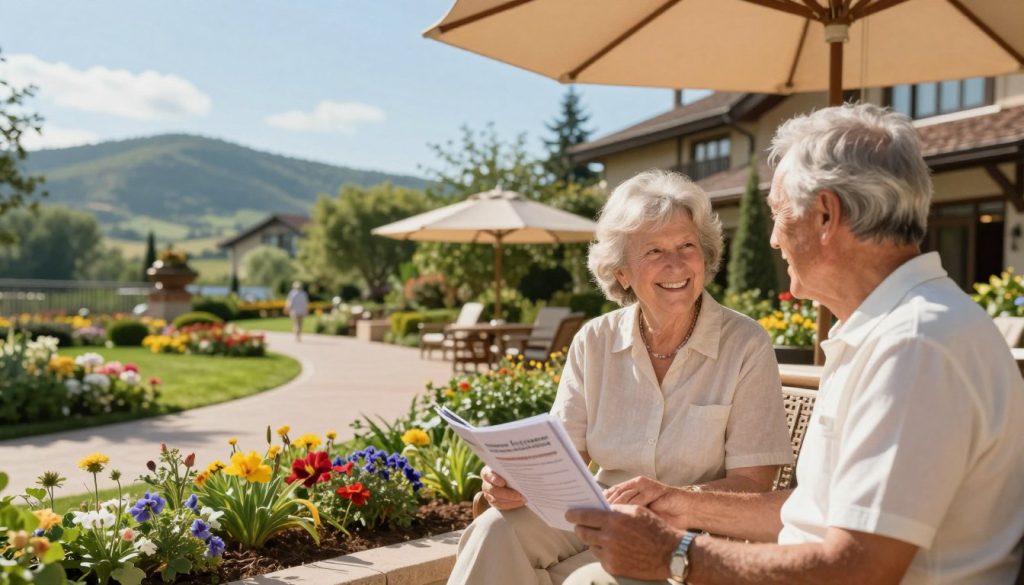 A serene and inviting spa resort setting, designed for retirees and elderly guests. In the foreground, a couple of seniors in modest casual clothing are engaged in conversation, smiling happily while holding brochures about sanatoriums. In the middle ground, a picturesque view of the resort features lush gardens, tranquil pathways, and accessible outdoor seating with sun umbrellas. The background showcases rolling hills and a clear blue sky, enhancing the peaceful atmosphere. Soft, warm sunlight bathes the scene, highlighting the vibrant colors of the flowers and greenery, while gentle shadows add depth. The mood is positive and relaxed, conveying a sense of comfort and tranquility, perfect for the elderly seeking rejuvenation and relaxation.
