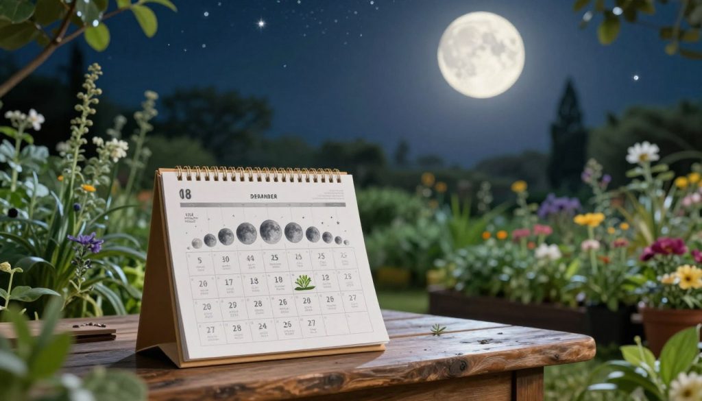 A serene garden scene illuminated by soft moonlight, showcasing a beautifully illustrated lunar gardening calendar prominently placed on a rustic wooden table in the foreground. The calendar features intricate designs representing the moon phases, corresponding with various gardening activities. In the middle ground, lush plants and herbs thrive, reflecting the vitality and growth encouraged by lunar cycles. The background includes a tranquil night sky filled with shimmering stars and a large, luminous full moon casting a gentle glow over the landscape. The atmosphere is peaceful and mystical, evoking a sense of harmony between nature and the celestial. The image is captured with a soft focus, highlighting the calendar as the central element while maintaining a dreamy, ethereal quality.