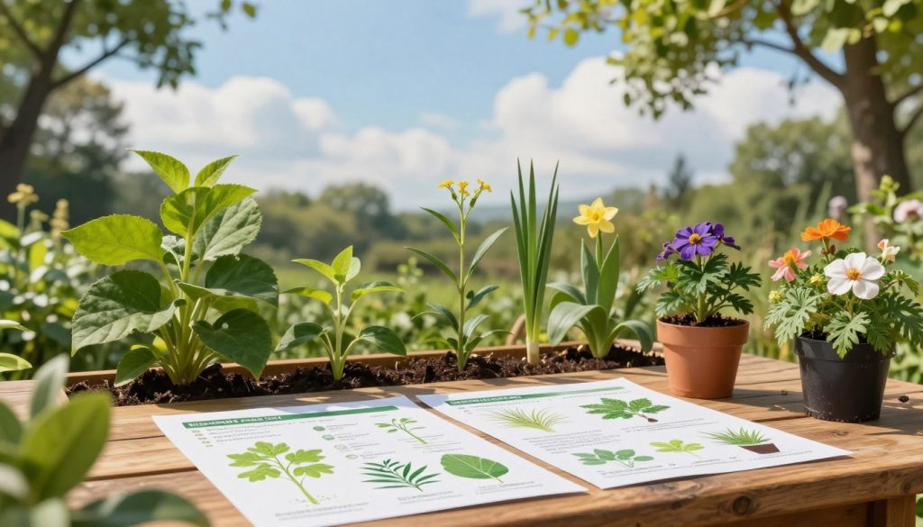 A serene garden setting displaying an analysis of plant needs through various seasonal tasks. In the foreground, a wooden table is covered with detailed charts and diagrams illustrating plant requirements, with vibrant leaves and flowers positioned as examples. Middle-ground features lush green plants thriving in different stages of growth, symbolizing seasonal changes; some are in bloom while others are still sprouting. The background consists of a sunny, clear sky with soft clouds, evoking a sense of tranquility. Natural light filters through the trees, casting gentle shadows. The mood of the image is calm and insightful, inviting viewers to appreciate the beauty and complexity of plant growth analysis.