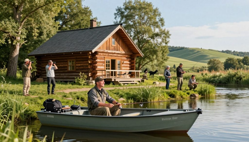 A serene hunting and fishing retreat in the Ukrainian countryside, showcasing a rustic log cabin surrounded by lush greenery and tranquil waters. In the foreground, include a well-equipped fishing boat with fishing gear and a friendly guide in professional attire, ready to assist visitors. The middle ground features tourists engaging in activities like fishing and wildlife observation, dressed in casual, neat clothing, enjoying the natural surroundings. The background displays rolling hills and a clear blue sky, with soft, warm sunlight filtering through the trees, creating an inviting and peaceful atmosphere. The overall mood is relaxed, emphasizing the comfort and services provided by reputable tour operators, highlighting the essence of a memorable outdoor adventure in nature.