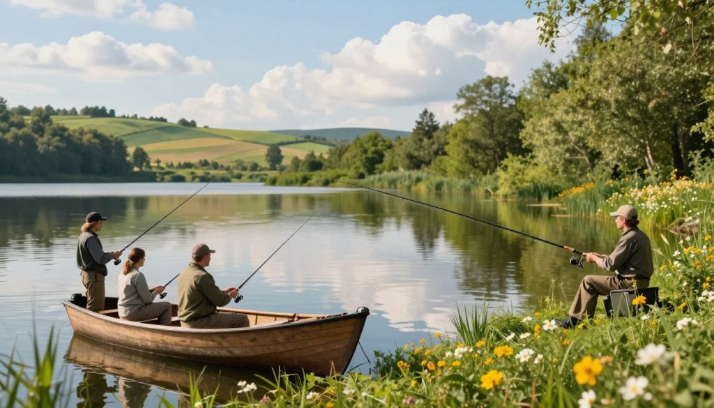 A serene lakeside scene in Ukraine showcasing the diversity of fishing experiences. In the foreground, a group of three individuals in modest casual clothing, including a woman and two men, are actively fishing from a wooden boat, displaying a variety of fishing gear. In the middle ground, vibrant greenery surrounds the lake, with blooming wildflowers and trees reflecting on the calm water's surface. Various fishing styles, such as fly fishing and spin casting, are depicted. The background features rolling hills, under a bright blue sky with soft, fluffy clouds, conveying a tranquil atmosphere. Use soft, warm lighting to enhance the natural beauty and peacefulness of the scene, capturing the essence of an enjoyable fishing trip in Ukraine.