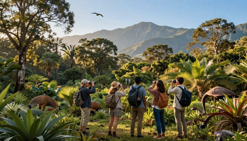 A serene landscape depicting ecotourism principles in action. In the foreground, a group of four diverse travelers, dressed in modest casual clothing, engage in activities like birdwatching and photographing nature, capturing the spirit of adventure and exploration. In the middle ground, a vibrant forest teems with wildlife, showcasing plants and animals in their natural habitat, symbolizing conservation and respect for nature. The background features majestic mountains and a clear blue sky, creating a sense of peace and wonder. Soft, golden sunlight filters through the trees, casting a warm glow and enhancing the tranquil atmosphere of the scene. The composition should invite viewers to appreciate the beauty of nature and the value of ecological preservation.